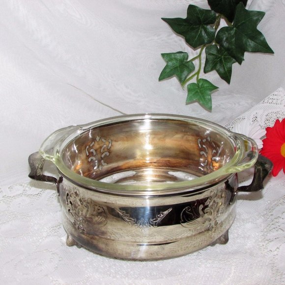 Vintage Silver Plate Casserole Dish Holder Carrier & Fire King Glass Liner - Picture 3 of 10